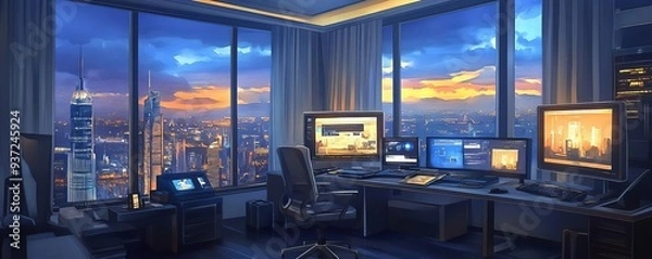 Fototapeta Modern office with city view at sunset, featuring multiple monitors and a comfortable chair.