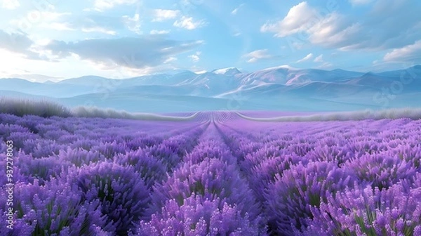 Fototapeta A serene landscape of lavender fields under a blue sky with mountains in the background.