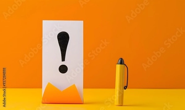 Fototapeta Note paper with exclamation mark on panoramic orange background. 