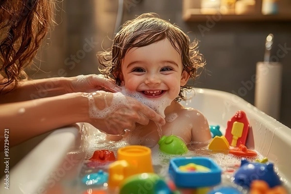 Fototapeta A parent gently washing a smiling toddler in a bathtub filled with colorful bath toys, the warm bathroom lighting creating a nurturing and tender moment