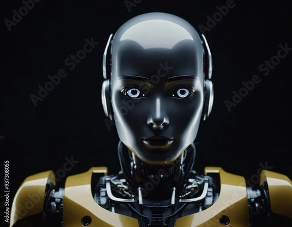Fototapeta Humanoid robot on a dark background. Concept of the future of artificial intelligence and the fourth industrial revolution. Ai generated image 