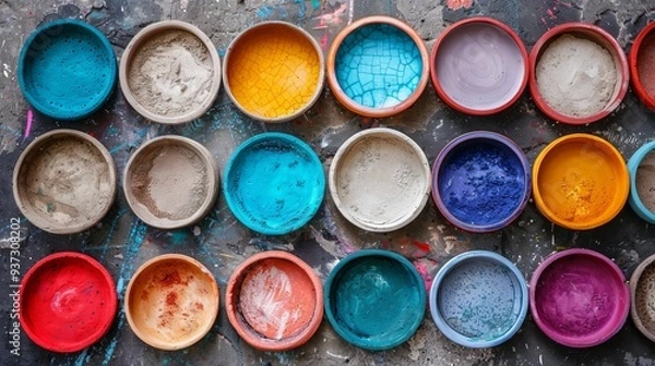 Fototapeta Top view pattern of diverse clay plates in assorted sizes and colors for a vibrant arrangement