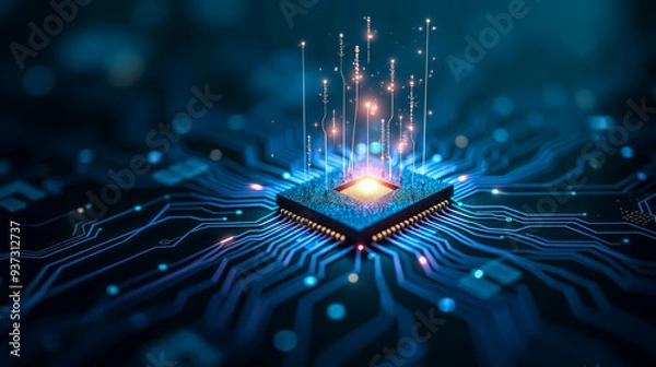 Obraz A detailed depiction of a microchip at the center, surrounded by vibrant, glowing data streams that highlight advancements in technology and computing