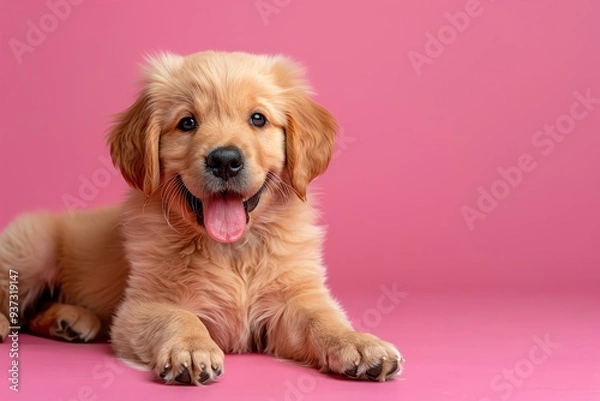 Fototapeta Cute golden retriever puppy relaxing on a pink background, showcasing its playful and cheerful personality with a happy expression.