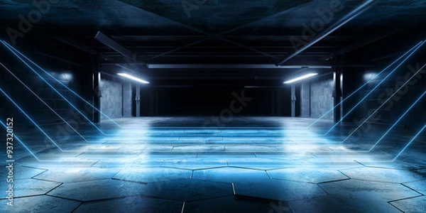 Obraz Cyber Sci Fi Futuristic Stage Showcase Blue Beams Neon Lasers On Dark Showroom Tunnel Corridor Warehouse Garage Hangar Alien Spaceship Grunge Concrete Realistic 3D Rendering