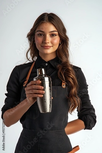 Obraz A female bartender in a black shirt and apron, holding a cocktail shaker, isolated on white background, more clarity with clear light and sharp focus, high detailed