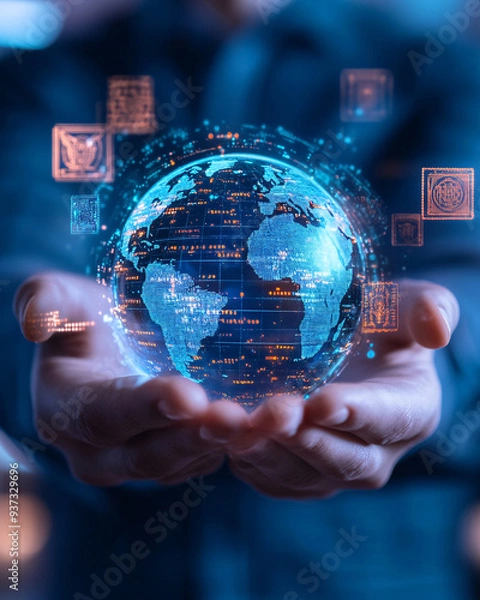 Fototapeta Person Holding Holographic Digital Globe with Futuristic Interface on Blue Background