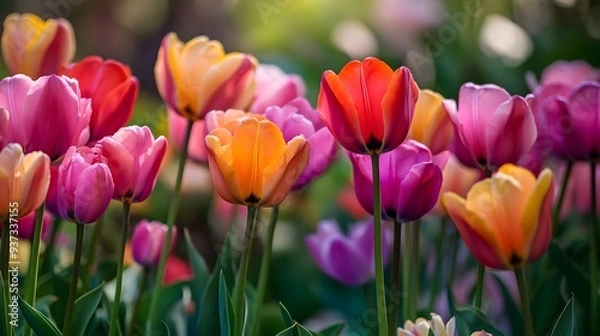 Fototapeta A photograph of vibrant tulips in full bloom with space on the side for text capturing the colorful and seasonal beauty of springtime