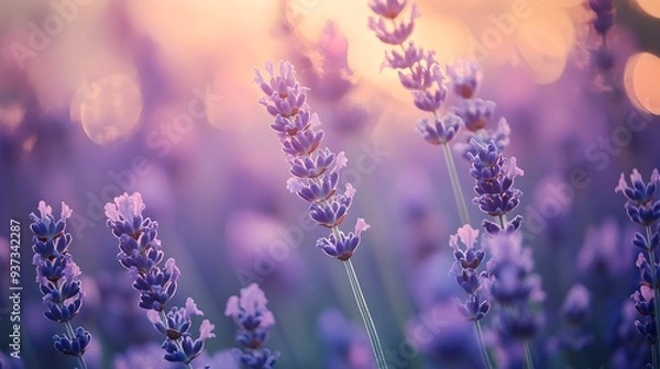 Fototapeta A serene and tranquil photograph showcasing a picturesque field of lavender at dusk capturing the peaceful atmosphere and natural beauty of the countryside