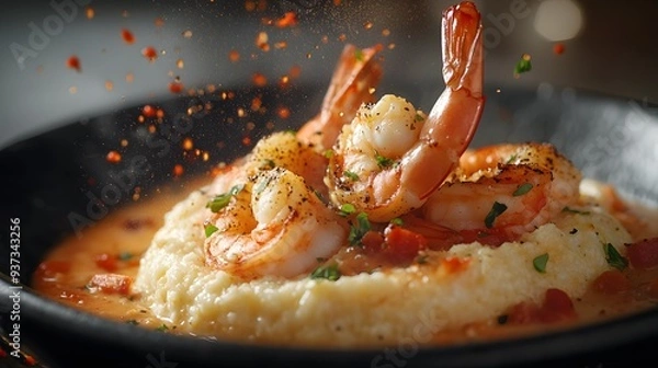 Fototapeta A fresh shrimp and grits half suspended in mid-air, with droplets of sauce glistening on the shrimp and creamy grits, captured in a dynamic moment with splashes surrounding it. Set against a dark,
