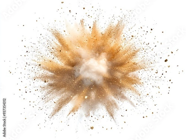 Obraz Abstract explosion of gold and white powder in a circular pattern Isolated on a white background, dynamic motion, high contrast, and festive energy