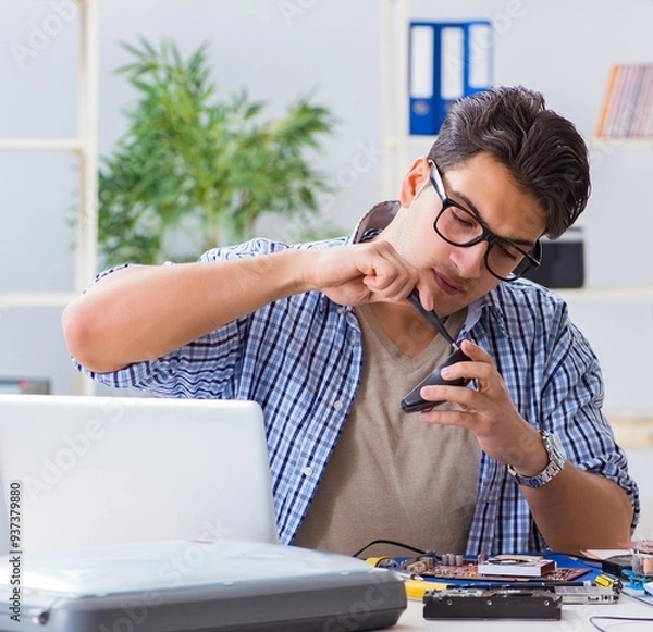 Obraz Vlogger recording computer repair on camera for vlog blog