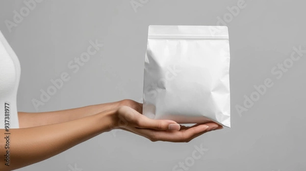 Fototapeta A woman is holding a white bag in her hand. The bag is empty and has a zipper. The woman's hand is positioned over the bag, and she is holding it with care