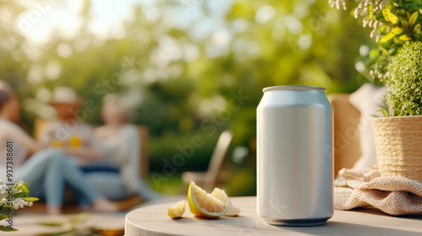 Fototapeta A can of soda sits on a table next to a bowl of oranges. The scene is set in a backyard with a group of people sitting on chairs and enjoying the outdoors. Scene is relaxed and casual