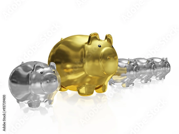 Fototapeta One Gold Piggy Bank in Row of Silver Piggy Banks
