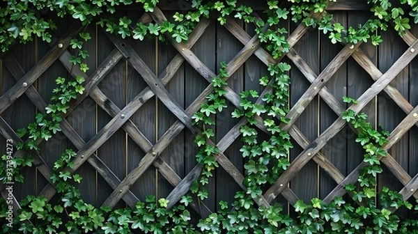 Fototapeta A wooden lattice fence adorned with lush green ivy, creating a natural and inviting atmosphere.