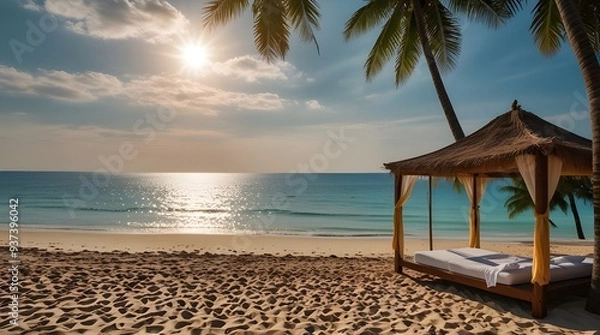 Fototapeta background inspired by the ocean, with shades of blue and aqua, capturing the serenity of a tropical beach paradise. generative.ai