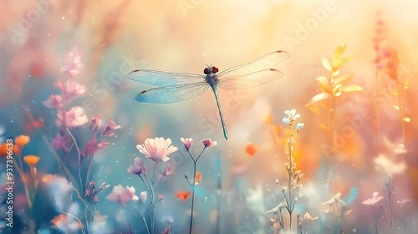 Fototapeta Enchanting dragonfly in a colorful fairy garden, watercolor style, ideal for a child's room, blending mystical elements with soft pastel tones