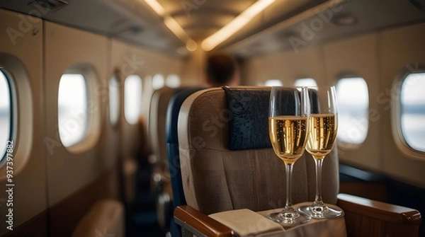 Fototapeta selective focus of interior of plane with champagne glasses for trip. generative.ai