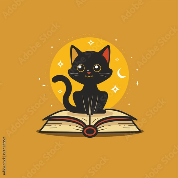 Fototapeta Enchanting illustration of a black cat perched on an open book against a magical yellow moon, stars twinkling in the background.