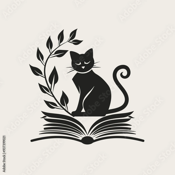 Fototapeta Silhouette of cat sitting on open book with leafy branch, depicting a whimsical literary or educational concept