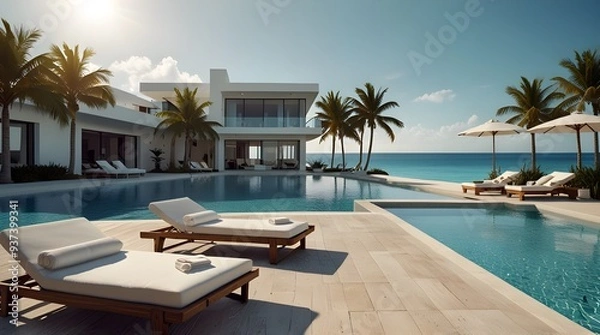 Fototapeta A beautiful view of the ocean with two white beach chairs and two white towels. generative.ai