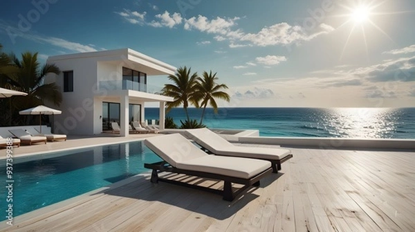 Fototapeta A beautiful view of the ocean with two white beach chairs and two white towels. generative.ai