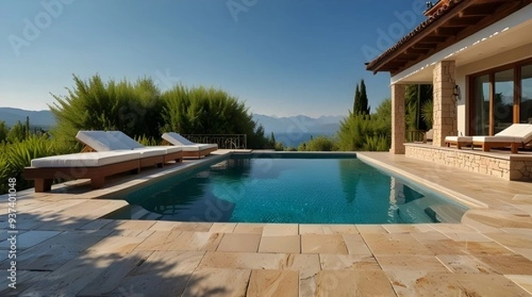 Fototapeta vacation, couple on the beach near swimming pool, luxury travel. Traditional mediterranean white architecture with arch sunshine. Summer vacation concept.Happy viewpoint and enjoys. generative.ai