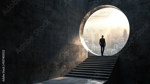 Fototapeta A man in a suit walks toward the light, stepping onto a set of stairs that lead to a round opening revealing a city skyline.