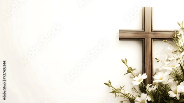 Fototapeta Composition with a Christian wooden cross and flowers against muted white background with copy space for text. Funeral template