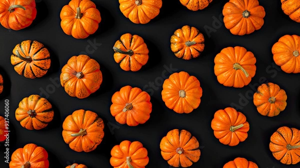 Fototapeta Pumpkins pattern on black background. Flat lay, top view.