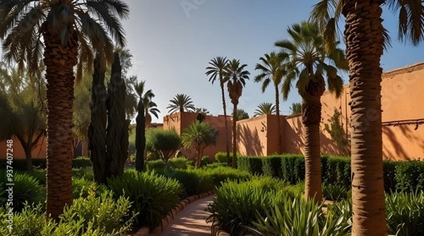 Fototapeta Green spaces and foliage in the urban parks of Marrakech, Morocco. Generative.AI
