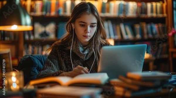 Obraz Focused Learning: The college student in the library, surrounded by textbooks and wearing earbuds, diligently types notes into her laptop, her concentration palpable.
