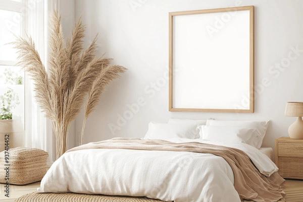 Fototapeta A serene bedroom featuring cozy bed with white linens, soft beige throw, and decorative pampas grass. space exudes tranquility and comfort.