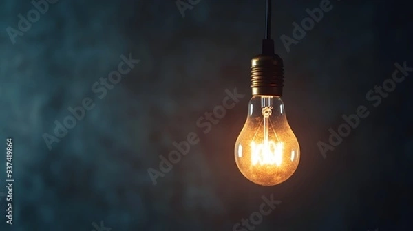 Obraz Illuminating Idea A light bulb hanging from the ceiling casting a warm glow in a dark room symbolizing a breakthrough moment of creativity innovation and problem solving