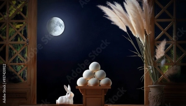 Fototapeta 中秋の名月とお月見ウサギ