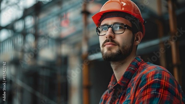 Fototapeta A man, a worker, a builder by profession, in a uniform and a helmet. AI Generated