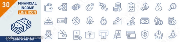 Obraz Financial Income line icon set. Set of 30 outline icons related to income, profit, salary, money growth and others. Linear icon collection. Financial Income outline icons collection. Editable stroke.
