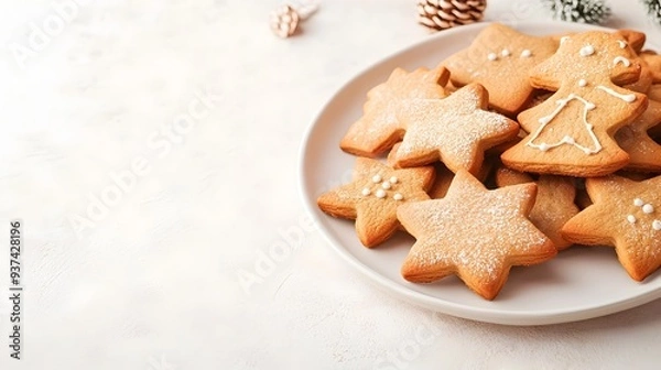 Fototapeta A plate of freshly baked Christmas cookies shaped like festive stars trees and gingerbread men ready to be enjoyed as a sweet holiday treat with space for additional text or messaging