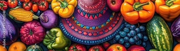 Fototapeta Mexican market produce, Pop Art, Colorful, Illustration, Emphasizing vibrancy