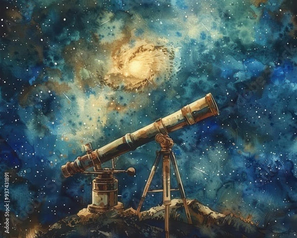 Fototapeta Observatory with telescope, Vintage, Dark, Watercolor, Emphasizing celestial observation