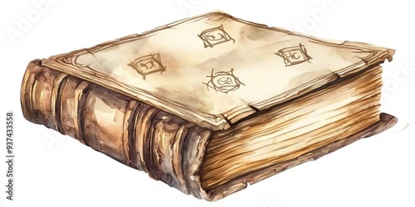Fototapeta Worn leatherbound book, arcane symbols, ancient library, Watercolor style, isolated on white background