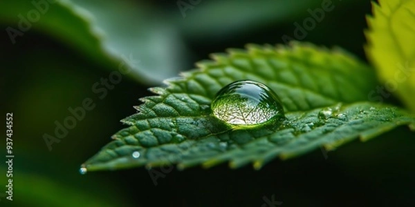 Obraz Macro shot of a dewdrop on a green leaf, reflecting the surrounding nature. 