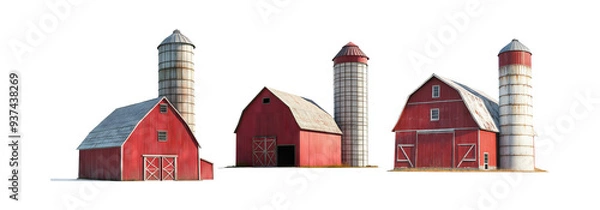 Fototapeta Red barns set isolated on transparent background, traditional barns for agriculture and farming