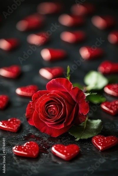 Fototapeta Romantic Red Rose with Petals on Dark Background