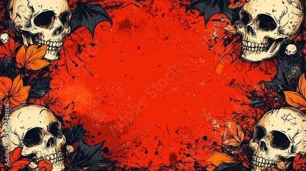 Fototapeta Red Halloween background featuring skulls, bats, and autumn leaves, creating a dark and eerie theme for the season.
