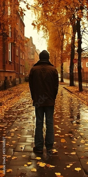 Fototapeta Man Walking in Fall Leaves on a Sidewalk