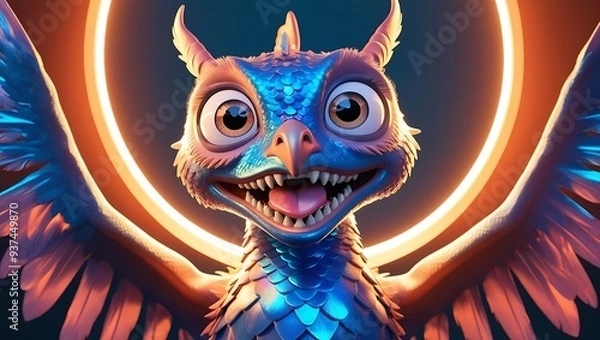 Fototapeta How about Dragon and angel head mask illustration with a mix of fire, owl, and skull elements?