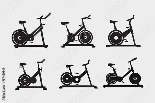 Fototapeta Set of Spin Bike Silhouette Vector Bundle  Indoor Exercise Machine Silhouettes