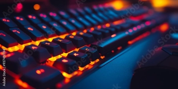 Fototapeta Close-up on a mechanical keyboard and mouse, backlit keys with customizable colors, emphasizing precision and tactile feedback, dark mode setup